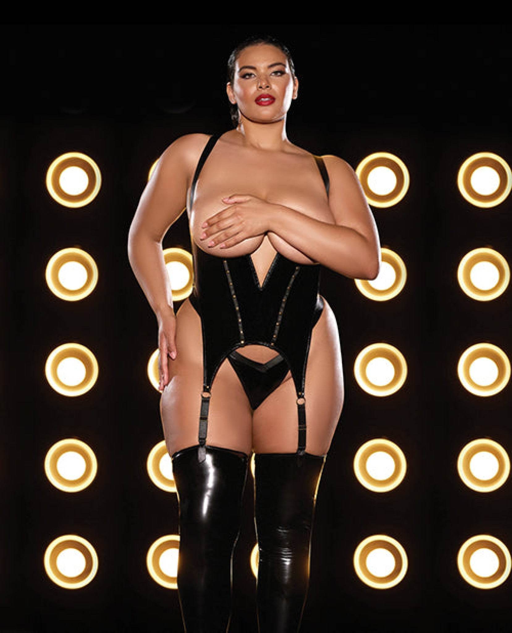 FETISH Open Cup Vinyl V-Wire Merrywidow w/G-String - Black 1X/2X - SEX LOVE DOLLS